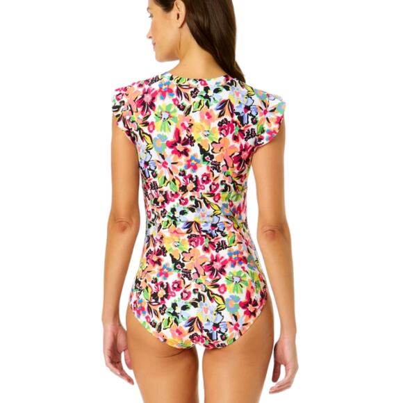 Anne Cole Sun Blossom Flutter Sleeve Zip Up Rash Guard One Piece Swimsuit Sz 10 - Picture 14 of 15